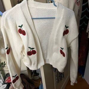 Cherry Embroidered White Cardigan Sweater